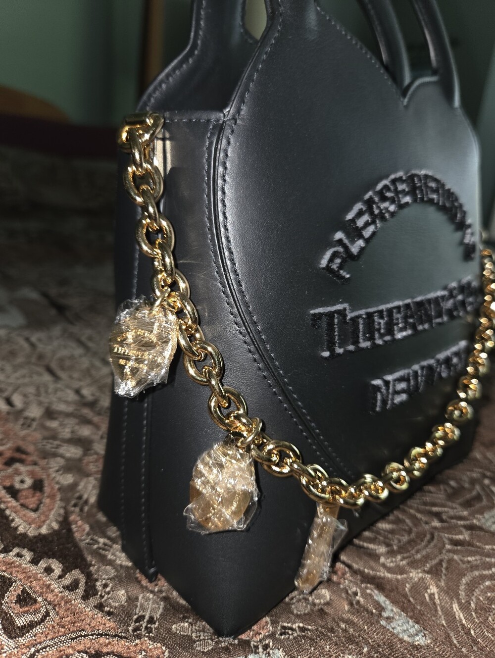 Tiffany & Co. Authentic Black Leather Heart Tote with Gold Chain Raised Letters - Picture 3 of 11
